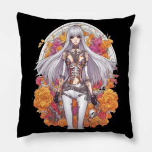 White Hair Anime Skeleton Girl Pillow