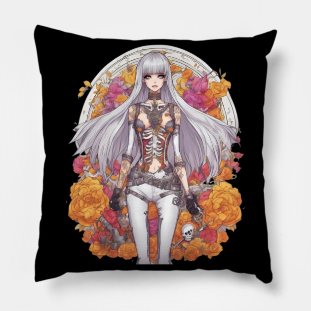 White Hair Anime Skeleton Girl Pillow by animegirlnft