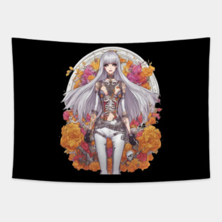 White Hair Anime Skeleton Girl Tapestry