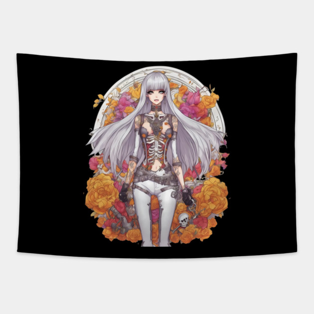 White Hair Anime Skeleton Girl Tapestry by animegirlnft