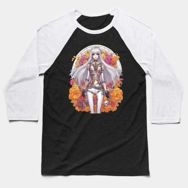 White Hair Anime Skeleton Girl Baseball T-Shirt by animegirlnft