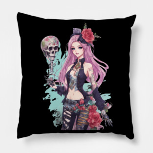 Dark Skull Emo Goth Girl Pillow