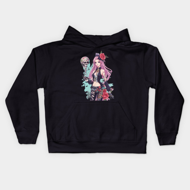 Dark Skull Emo Goth Girl Kids Hoodie by animegirlnft