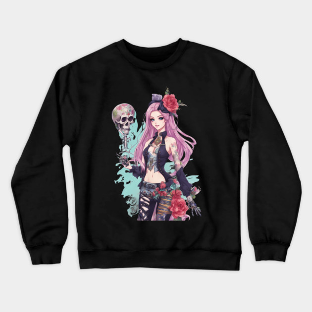 Dark Skull Emo Goth Girl Crewneck Sweatshirt by animegirlnft