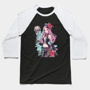 Dark Skull Emo Goth Girl Baseball T-Shirt
