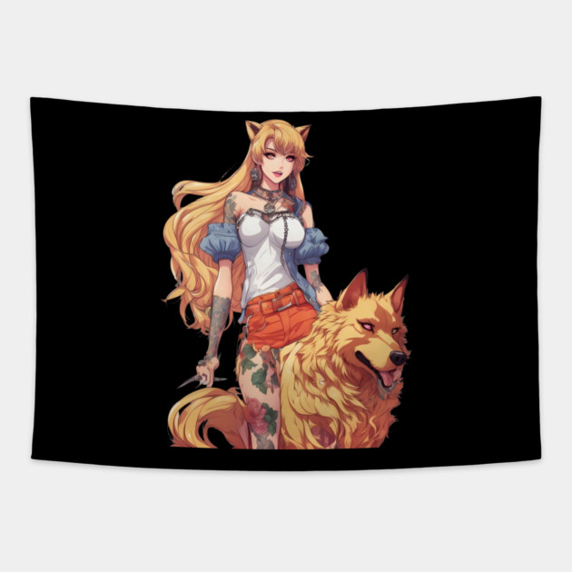 Werewolf Anime Girl Tapestry by animegirlnft