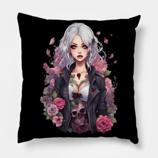 Shadows and Sorrows Emo Goth Anime Girl Pillow by animegirlnft