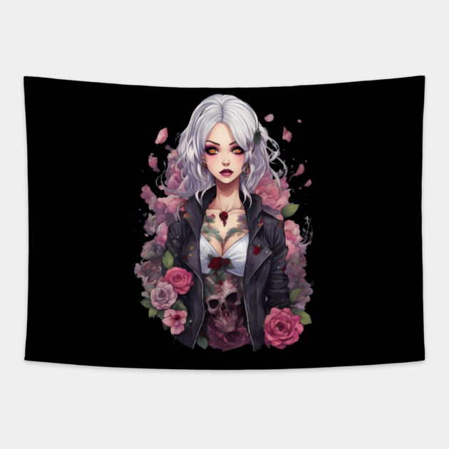 Shadows and Sorrows Emo Goth Anime Girl Tapestry by animegirlnft