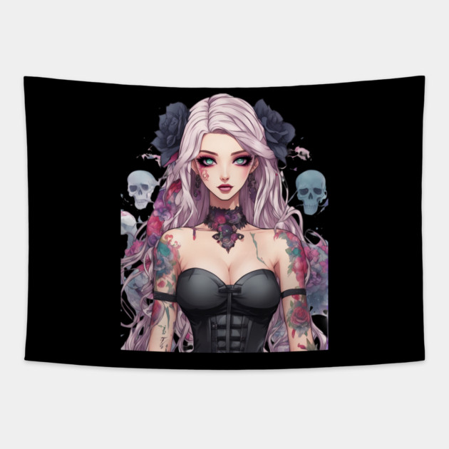 Ethereal Despair Heart of an Emo Goth Anime Girl Tapestry by animegirlnft