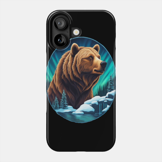 Grizzly Bear Above The Snowy Forests River and Snow Phone Case by BirdsnStuff