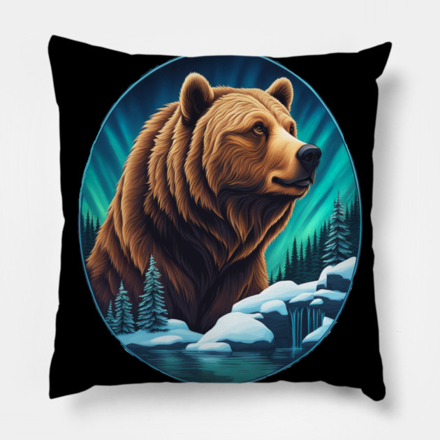 Grizzly Bear Above The Snowy Forests River and Snow Pillow by BirdsnStuff