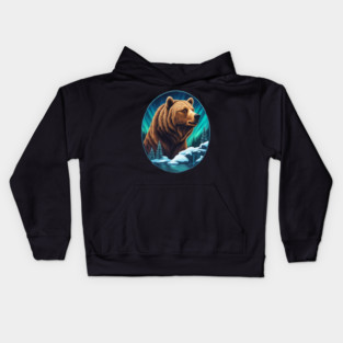 Grizzly Bear Above The Snowy Forests River and Snow Kids Hoodie