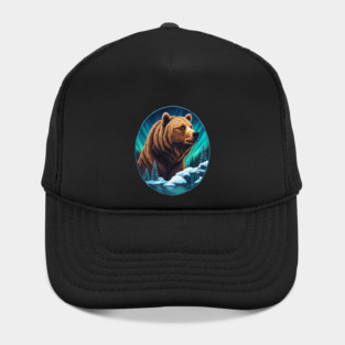Grizzly Bear Above The Snowy Forests River and Snow Hat