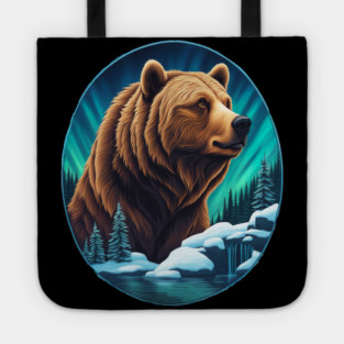 Grizzly Bear Above The Snowy Forests River and Snow Tote