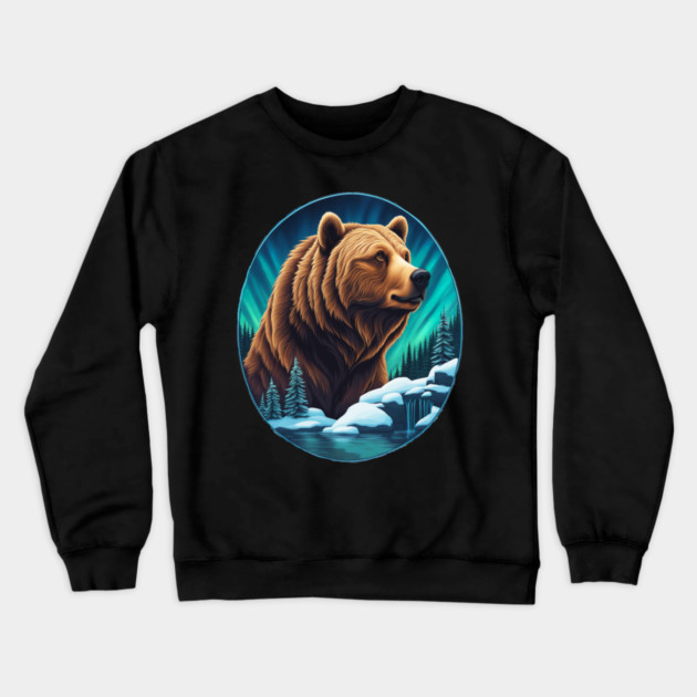 Grizzly Bear Above The Snowy Forests River and Snow Crewneck Sweatshirt by BirdsnStuff
