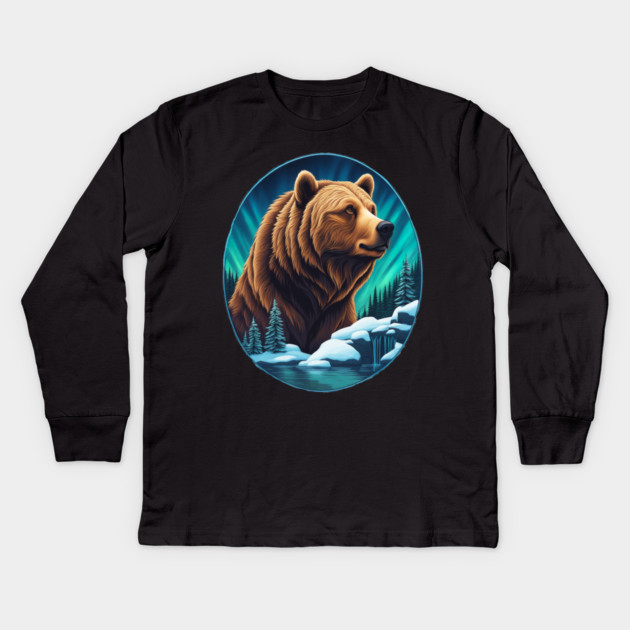 Grizzly Bear Above The Snowy Forests River and Snow Kids Long Sleeve T-Shirt by BirdsnStuff