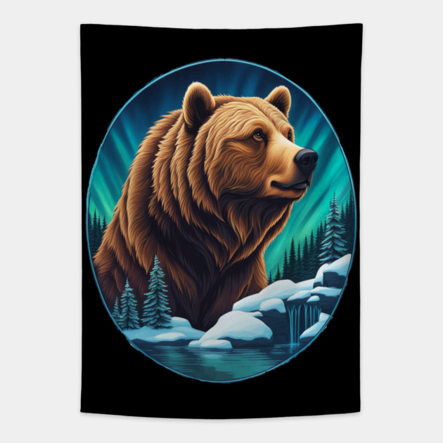 Grizzly Bear Above The Snowy Forests River and Snow Tapestry by BirdsnStuff