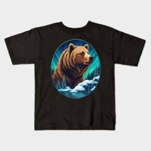 Grizzly Bear Above The Snowy Forests River and Snow Kids T-Shirt