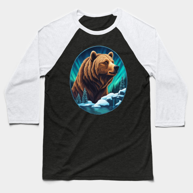 Grizzly Bear Above The Snowy Forests River and Snow Baseball T-Shirt by BirdsnStuff