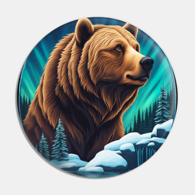 Grizzly Bear Above The Snowy Forests River and Snow Pin by BirdsnStuff