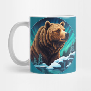 Grizzly Bear Above The Snowy Forests River and Snow Mug