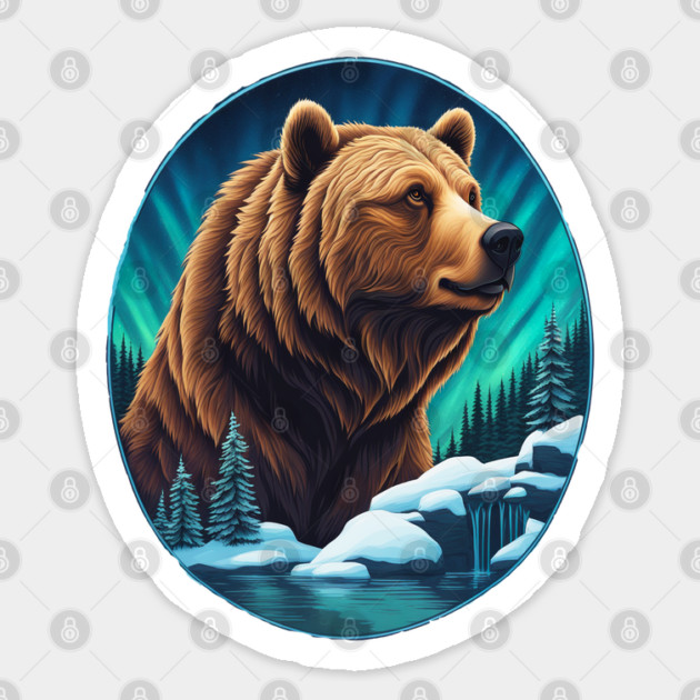Grizzly Bear Above The Snowy Forests River and Snow Sticker by BirdsnStuff