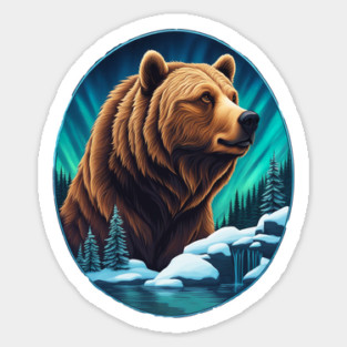 Grizzly Bear Above The Snowy Forests River and Snow Magnet