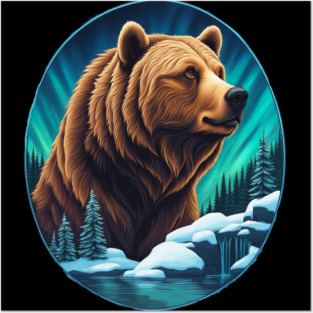 Grizzly Bear Above The Snowy Forests River and Snow Posters and Art
