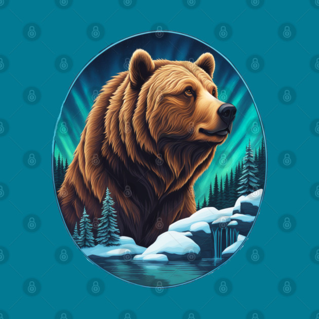 Grizzly Bear Above The Snowy Forests River and Snow by BirdsnStuff