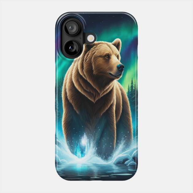 Grizzly Bear Standing Proud With Borealis Behind Him, Lake, Trees, Forests Phone Case by BirdsnStuff