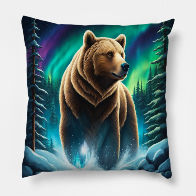 Grizzly Bear Standing Proud With Borealis Behind Him, Lake, Trees, Forests Pillow by BirdsnStuff