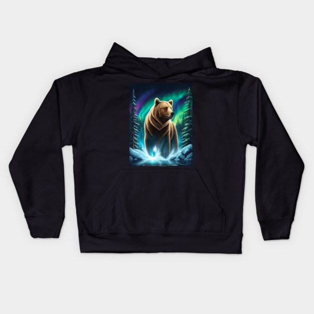 Grizzly Bear Standing Proud With Borealis Behind Him, Lake, Trees, Forests Kids Hoodie by BirdsnStuff