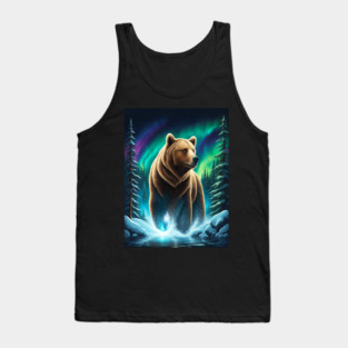 Grizzly Bear Standing Proud With Borealis Behind Him, Lake, Trees, Forests Tank Top