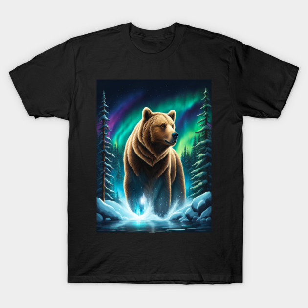 Grizzly Bear Standing Proud With Borealis Behind Him, Lake, Trees, Forests T-Shirt by BirdsnStuff