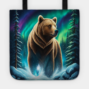 Grizzly Bear Standing Proud With Borealis Behind Him, Lake, Trees, Forests Tote