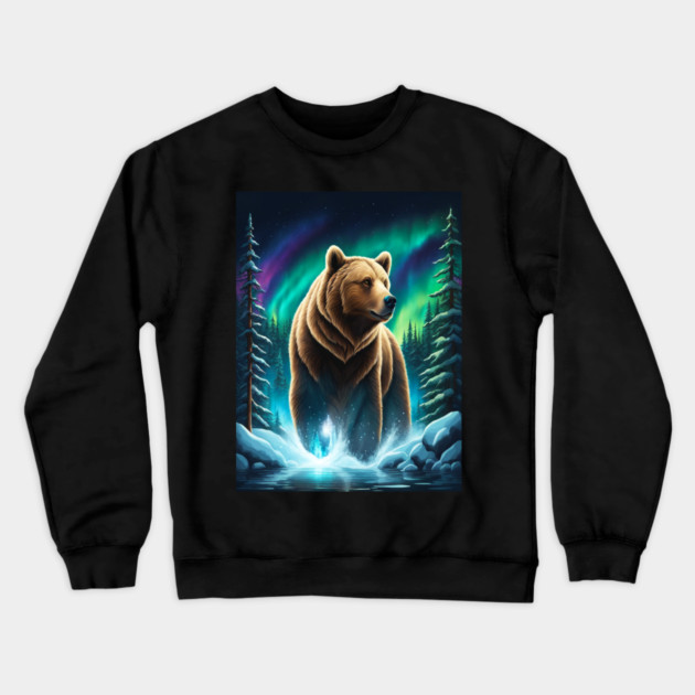 Grizzly Bear Standing Proud With Borealis Behind Him, Lake, Trees, Forests Crewneck Sweatshirt by BirdsnStuff