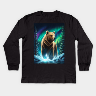 Grizzly Bear Standing Proud With Borealis Behind Him, Lake, Trees, Forests Kids Long Sleeve T-Shirt