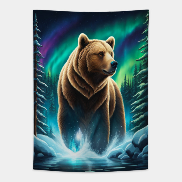 Grizzly Bear Standing Proud With Borealis Behind Him, Lake, Trees, Forests Tapestry by BirdsnStuff