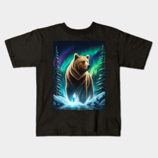 Grizzly Bear Standing Proud With Borealis Behind Him, Lake, Trees, Forests Kids T-Shirt