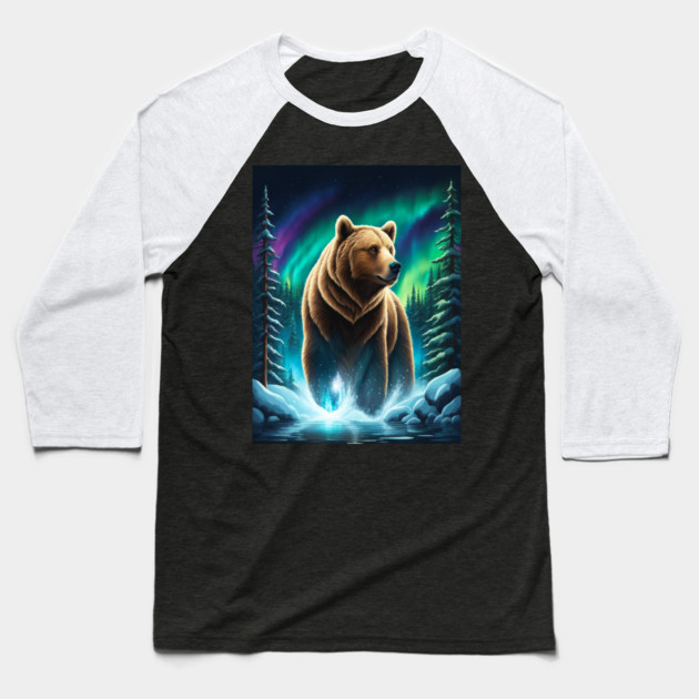 Grizzly Bear Standing Proud With Borealis Behind Him, Lake, Trees, Forests Baseball T-Shirt by BirdsnStuff