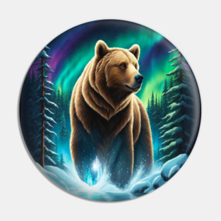 Grizzly Bear Standing Proud With Borealis Behind Him, Lake, Trees, Forests Pin