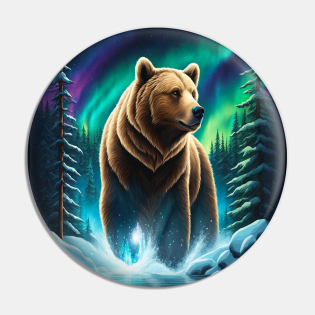 Grizzly Bear Standing Proud With Borealis Behind Him, Lake, Trees, Forests Pin by BirdsnStuff
