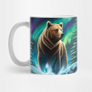 Grizzly Bear Standing Proud With Borealis Behind Him, Lake, Trees, Forests Mug