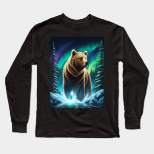 Grizzly Bear Standing Proud With Borealis Behind Him, Lake, Trees, Forests Long Sleeve T-Shirt
