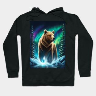 Grizzly Bear Standing Proud With Borealis Behind Him, Lake, Trees, Forests Hoodie