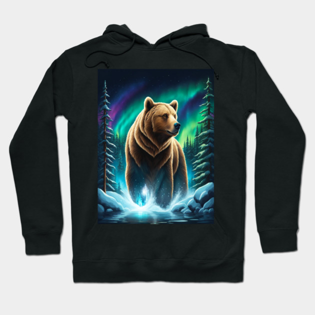Grizzly Bear Standing Proud With Borealis Behind Him, Lake, Trees, Forests Hoodie by BirdsnStuff