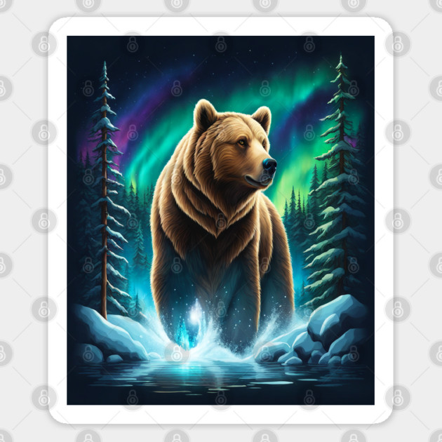 Grizzly Bear Standing Proud With Borealis Behind Him, Lake, Trees, Forests Sticker by BirdsnStuff