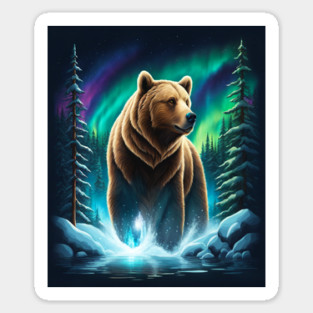 Grizzly Bear Standing Proud With Borealis Behind Him, Lake, Trees, Forests Magnet