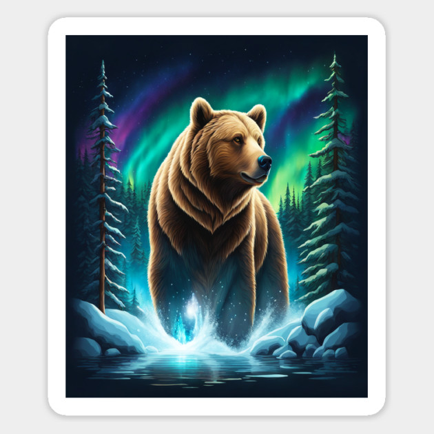 Grizzly Bear Standing Proud With Borealis Behind Him, Lake, Trees, Forests Magnet by BirdsnStuff