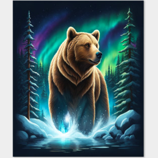 Grizzly Bear Standing Proud With Borealis Behind Him, Lake, Trees, Forests Posters and Art